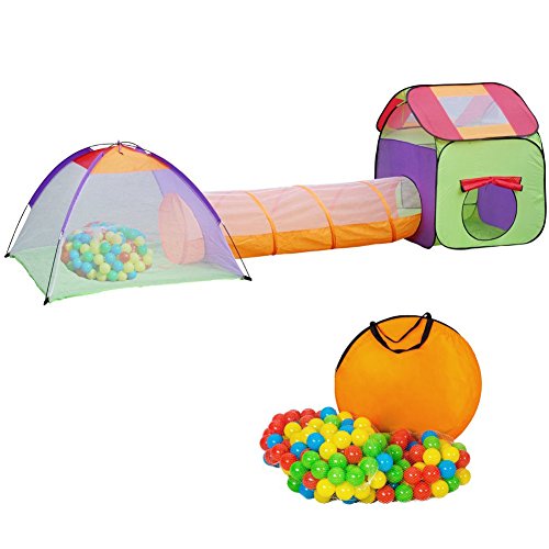 Kinderzelt 3 teiliges Spielzelt Spielhaus mit Krabbeltunnel + Tasche + 200 bunten Bällen