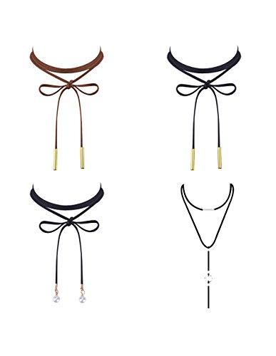Mudder 4 Stück langkettige schwarze samtige PU Leder Halsketten Anhänger Halskette Halsband Halsschmuck Ketten Set