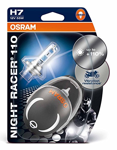 OSRAM NIGHT RACER 110 H7 Halogen, Motorrad-Scheinwerferlampe, 64210NR1-02B, Doppelblister (2 Stück mit Miniatur Motorradhelm)