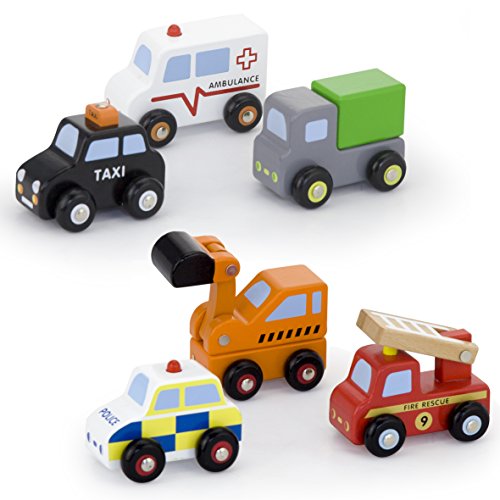 Vortigern - V51022 - 6 Fahrzeuge aus Holz - Bagger, Krankenwagen, Polizeiauto, Feuerwehrwagen, Taxi, LKW