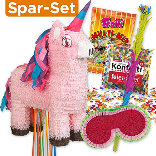 PIÑATA-SET: Rosa Einhorn Zieh-Piñata + Schläger + Maske + Süßigkeiten-Füllung + Konfetti