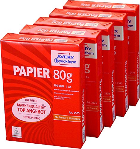 Avery Zweckform 2575 Drucker- und Kopierpapier A4, 80 g/m², 5 x 500 Blatt, alle Drucker, weiß (Frustfreie Verpackung)