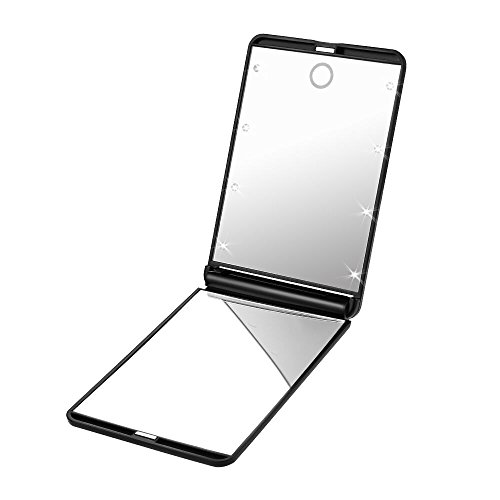 Plemo Kosmetikspiegel mit LED Beleuchtung, Doppelseitiger Make up Spiegel mit 1- und 2-facher Vergrößung, 13*8.5 cm, Schwarz