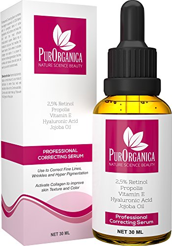 PurOrganica RETINOL SERUM - Premium 2,5% Retinol, vegane Hyaluronsäure & Jojobaöl - Glättet und nährt, bestes Anti-Aging Serum für feine Linien, Falten und Augenringe - Stimuliert Kollagen-Synthese, verbessert Hautstruktur und Tonus - Bei Nichtgefallen 10