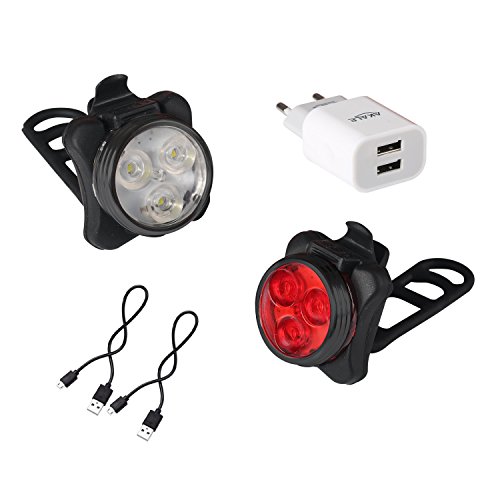 Akale Wiederaufladbare LED Fahrradlampe, LED Frontlicht und Rücklicht Für Radfahren, 350lm , 4 Licht-Modi, Fahrradscheinwerfer, Fahrradlicht, Fahrradbeleuchtung Set (2 USB-Kabel &1 Ladegerät)