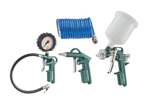Metabo Druckluft-Werkzeugset LPZ DL / qualitatives Druckluftwerkzeug für Kompressor / Set mit Blaspistole, Reifenfüllmessgerät, Farbspritzpistole und Spiralschlauch