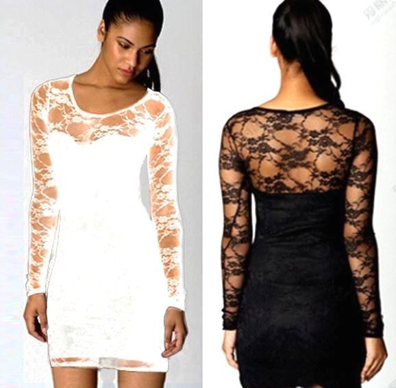 SEXY WOMEN LADIES BLACK FLORAL LACE LONG SLEEVE BODYCON DRESS TOP