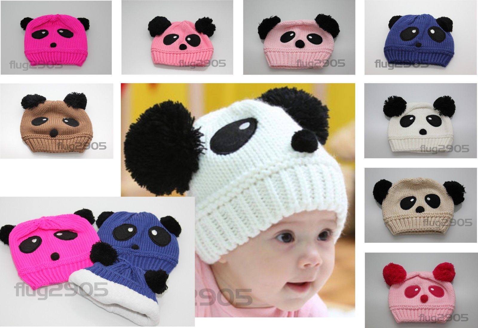 Kinder Baby Strickmütze Panda Bär in 10 Farben Beanie Strick Mütze NEU