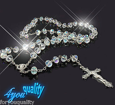 White Clear Sparkling Rosary Crystal Beads Silver Drop Cross Necklace For Women