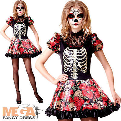 Day of the Dead Skeleton Doll Ladies Fancy Dress Halloween Womens Adults Costume