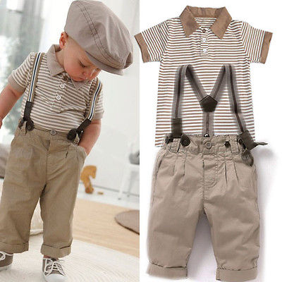 Jungen Kinder Baby Gestreift T-Shirt Top+ Hose Mit Hosenträger Smoking Anzug Set