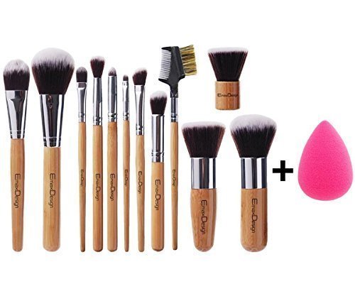EmaxDesign 12+1 Teilig Make-up Pinselsets, 12 Teilig Bambus-griff Professionell Premium synthetisch Kabuki Foundation Blending Blush Kosmetikpinsel Set + 1 Teilig EmaxBeauty Blender Schwamm