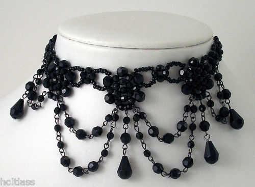 Black Moulin Rouge Beaded Burlesque Party Victorian Gothic Vamp Choker Necklace