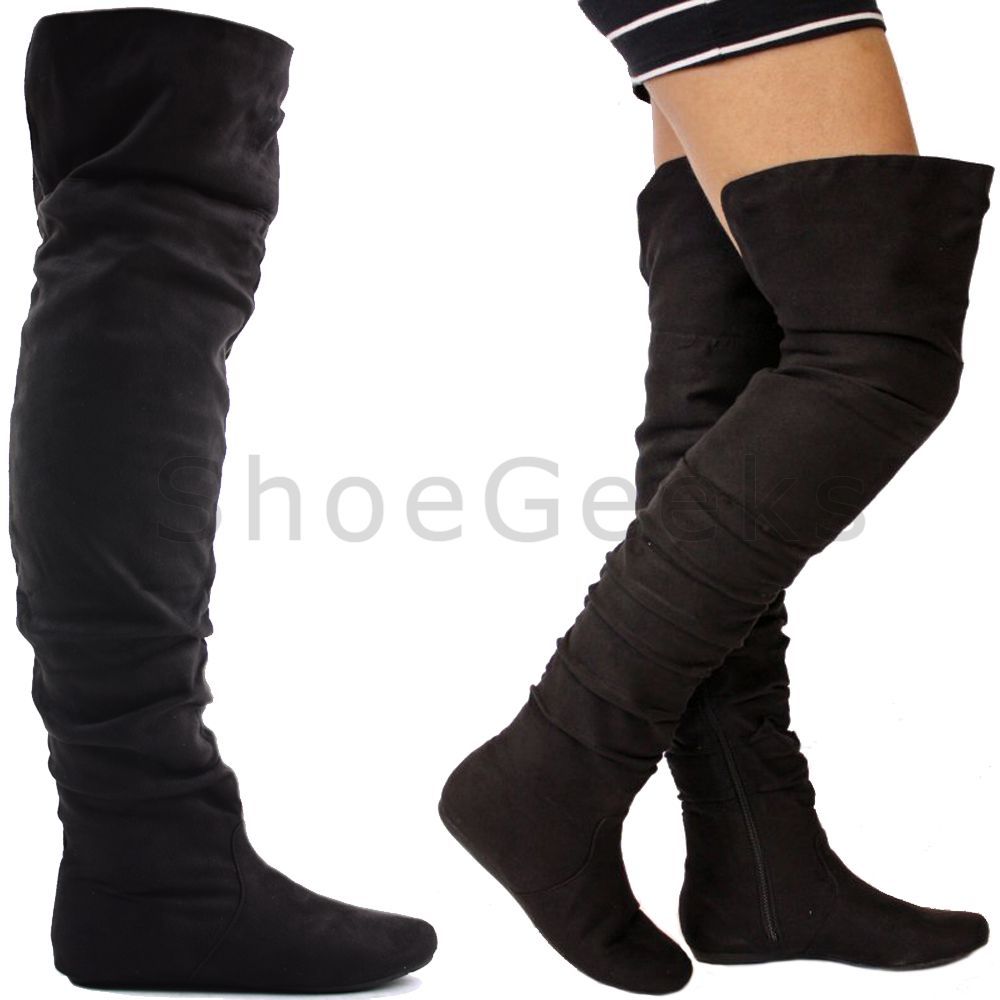 WOMENS LADIES KNEE THIGH HIGH LOW FLAT HEEL OVER THE KNEE STRETCH BOOTS SIZE