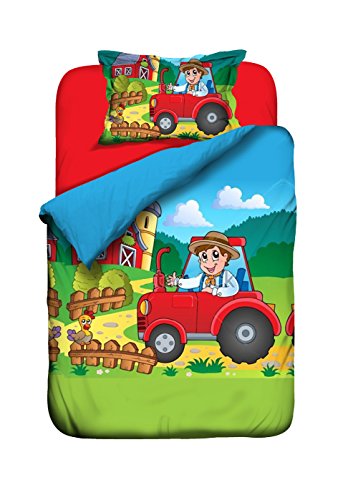 Aminata Kids - süße Jungen Kinder-Bettwäsche 100x135 roter Traktor Bauernhof Bauer Jungen-&-Mädchen-Bettwäsche-Kinder Baumwolle Reißverschluss