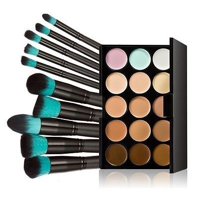 15 Farben Lidschatten Abdeckcreme Concealer Palette & 10tlg Make-Up Pinsel Set