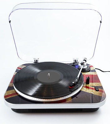 GPO Jam Record Player - 3 Speed - Union Jack Retro Design Turntable - Clear Lid