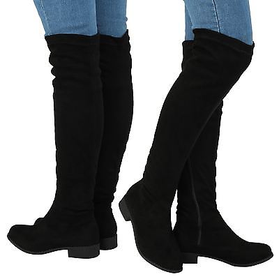 WOMENS BOOTS LADIES FLAT LOW HEEL KNEE HIGH THIGH STRETCH WINTER SOFT SIZE NEW