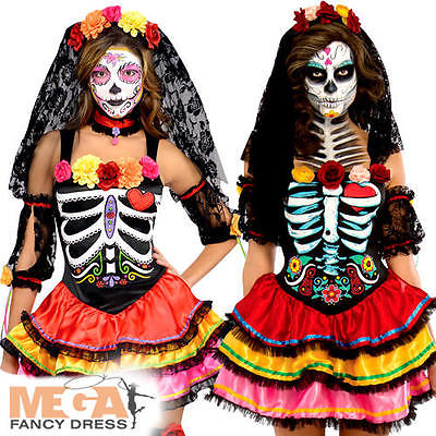 Day of the Dead Senorita Ladies Fancy Dress Halloween Skeleton Womens Costume 