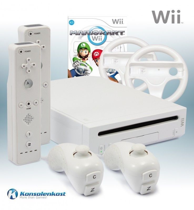Nintendo Wii - Konsole #weiß (inkl. Mario Kart, 2 Remotes, 2 Lenkräder & Zub.)