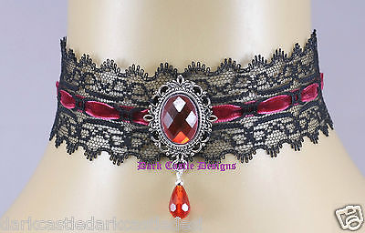 Black Lace Velvet Necklace Choker Glass Jewel Retro Goth Victorian Steampunk UK