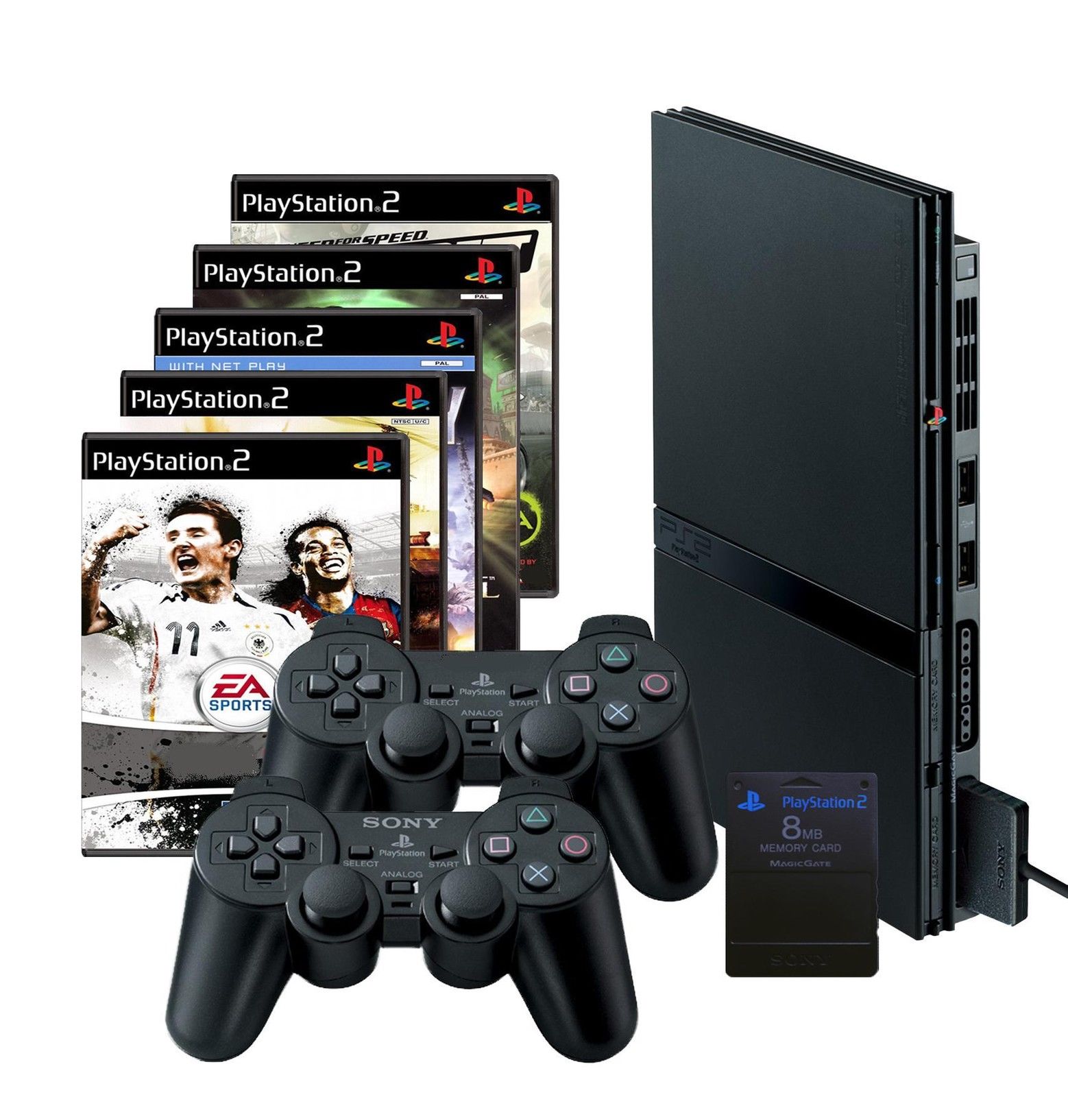 SONY Playstation  2 Slim schwarz (PS2)+ 5 Spiele + 2 Controller + Memory Card