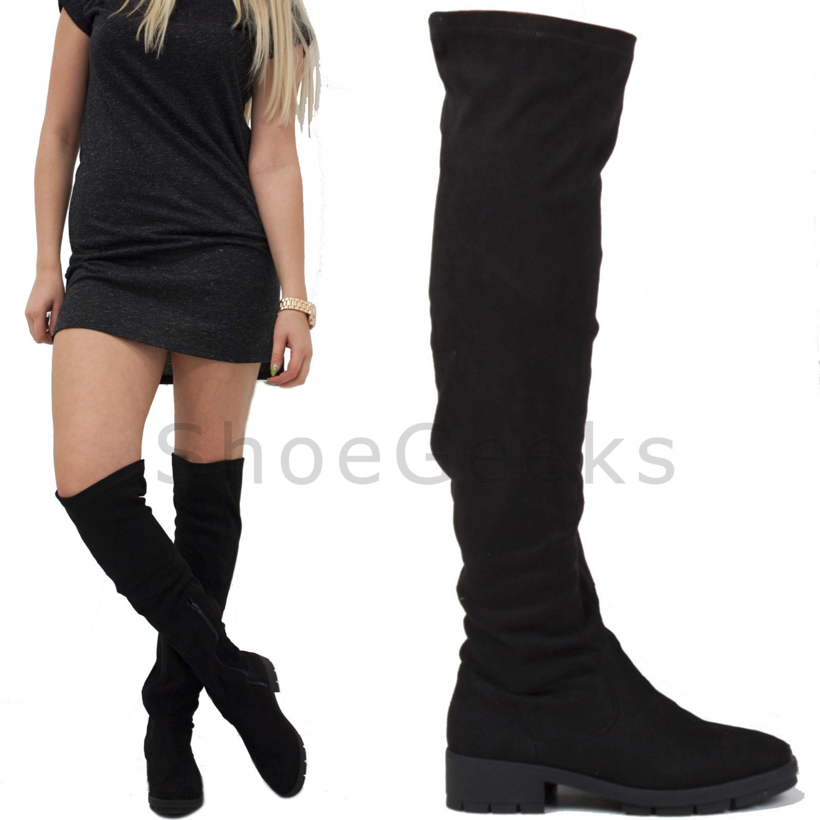 WOMENS LADIES FLAT LOW HEEL OVER THE KNEE HIGH STRETCH BLACK SUEDE BOOTS SIZE