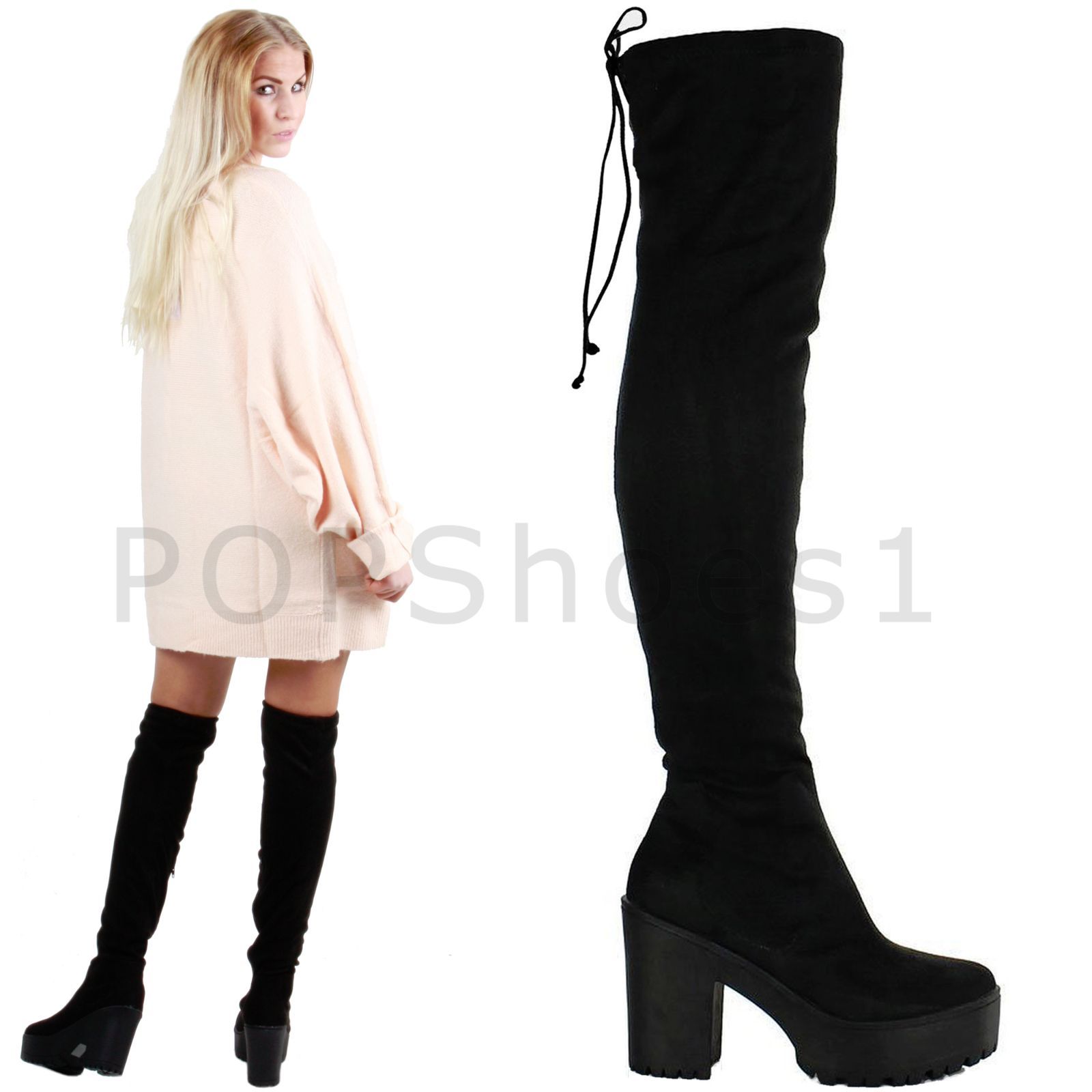 WOMENS LADIES OVER THE KNEE THIGH HIGH CHUNKY PLATFORM HEEL STRETCH BOOTS SIZE