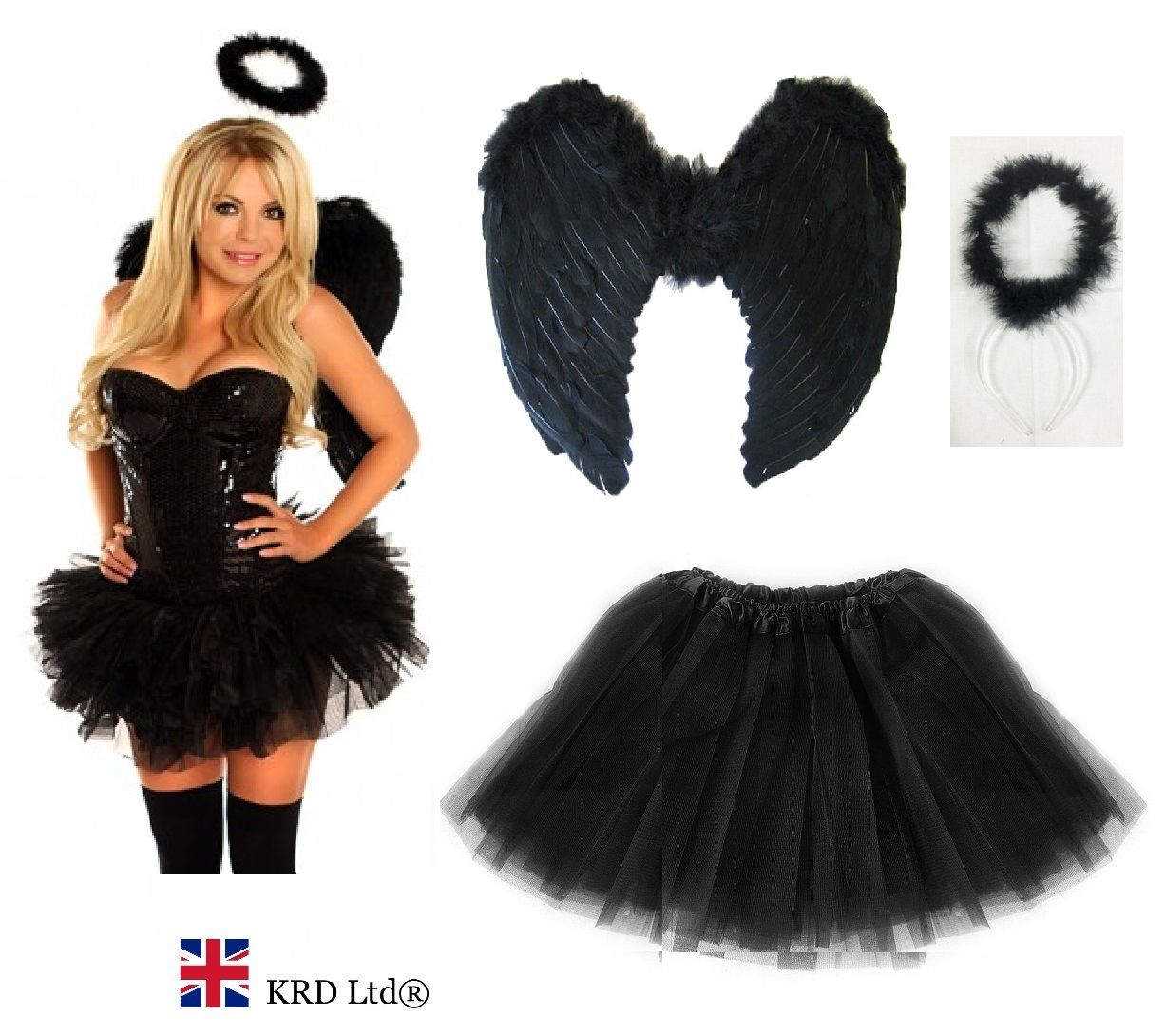 Dark Angel Fairy Feather Wings Halo Fancy Dress Costume Outfit Hen Party BLACK