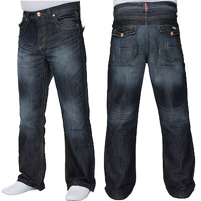 New Mens APT Designer Dark Blue Stonewash Bootcut Jeans Wide Leg Sizes 28 - 48