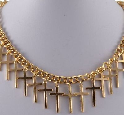 GOLD TONE CHUNKY CHAIN  NECKLACE WITH DROP CROSS CHARMS