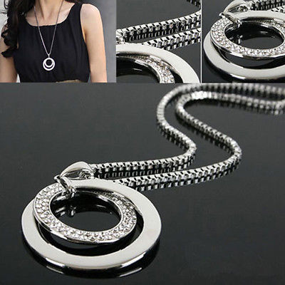 Damen Halskette Kristall Strass Kreis Anhänger Lange Kette Silber Modeschmuck