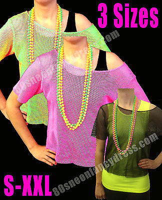 80s Retro String Mesh Net Vest Top Neon Pink, Neon Green or Black S-XXL (6-20)