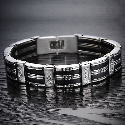 Herren Armband Edelstahl schwarz silber 21 cm kürzbar Armreif Armkette Silikon 