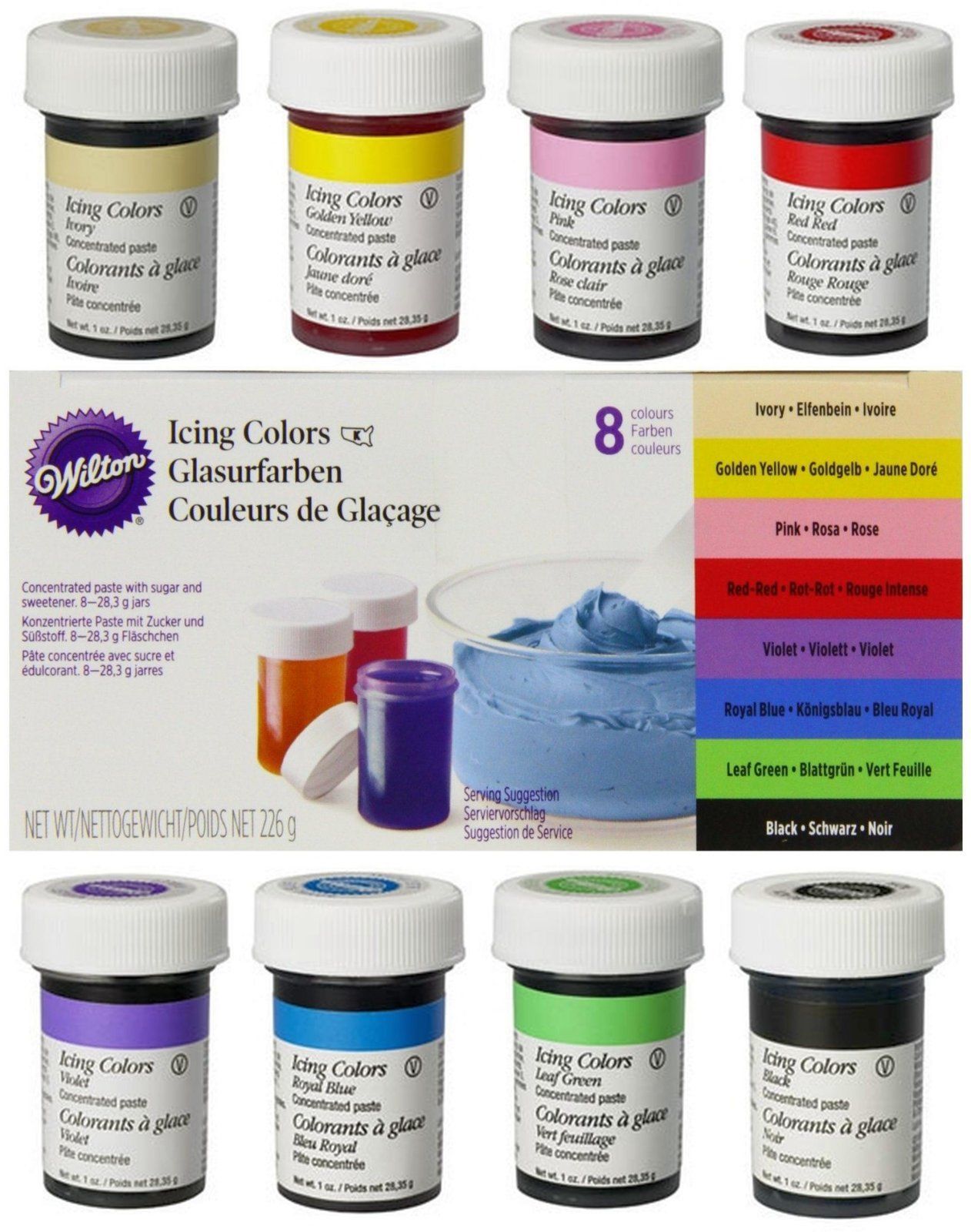 Wilton Icing Color Lebensmittelfarbe 8 x 28g im Set Gelfarben Paste für Fondant 