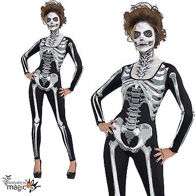 Womens Adult Black and Bone Skull Skeleton Catsuit Halloween Fancy Dress Costume