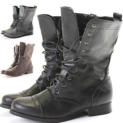 Womens Combat Style Army Worker Military Ankle Boots Flat Punk Goth Shoes Size 