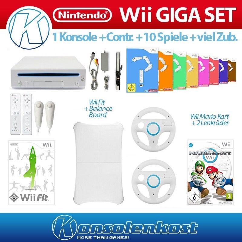 Wii Konsole Giga Set + 10 Spiele Mario Kart, Wii Fit, Balance Board, mote & Zub