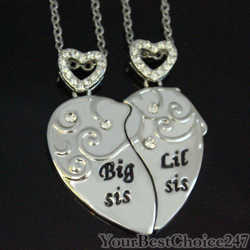 Big Sis & Lil Sis Necklace Best Friends Sister Heart Pendant Gift For Her 2 Part