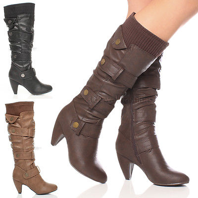WOMENS LADIES KNEE MID HEEL ROUND TOE BUCKLE ZIP CALF KNITTED BOOTS SIZE