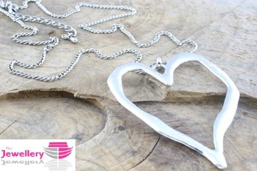 Large abstract metal heart pendant and long curb chain necklace silver lagenlook