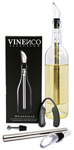 Weinkühler von VINENCO + Folienschneider, Edelstahl-Stopper & Aufbewahrungsbeutel - Premium 3-in-1 Flaschenkühler mit Dekantier-Ausgießer und Edelstahl-Kühlstab