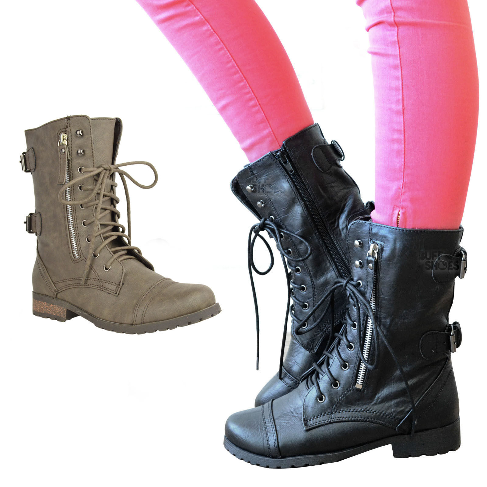 LADIES WOMENS MILITARY BOOTS ARMY COMBAT ANKLE LACE UP FLAT BIKER ZIP SIZES 3-8