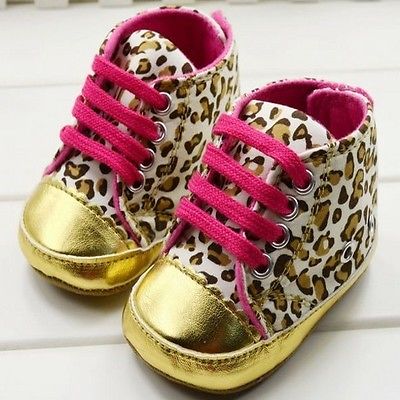 Baby Girl Infant Toddler Leopard Gold Crib Shoes Walking Sneaker Size 0-18 Month