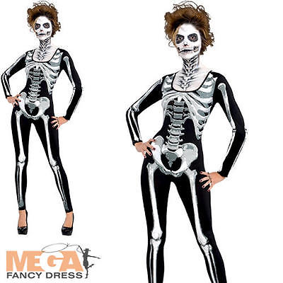 Skeleton Catsuit Ladies Halloween Fancy Dress Day Of The Dead Womens Costume 