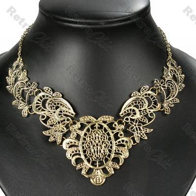 BIG ornate FILIGREE collar NECKLACE vintage brass BIB antique gold pltd lace