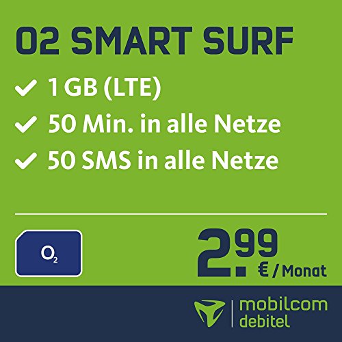 O2 Smart Surf mit 1GB LTE Internet Flat max. 21,1 MBit/s, 50 Frei-Minuten & 50 SMS in alle deutschen Netze, 24 Monate Laufzeit,  monatlich nur 2,99 EUR, Triple-Sim-Karten