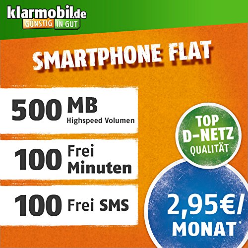 klarmobil Smartphone Flat M mit 500 MB Internet Flat max. 7,2 MBit/s, 100 Frei-Minuten & 100 SMS in alle deutschen Netze, 24 Monate Laufzeit,  monatlich nur 2,95 EUR, Triple-Sim-Karten
