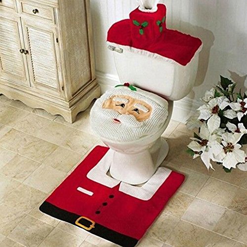 Uten Weihnachten Toilettensitzbezug Weihnachtsdeko WC-Sitze Set mit Sitzbezug & Teppich & Gewebe Deckel für Badezimmer im Weihnachtsmann-Design
