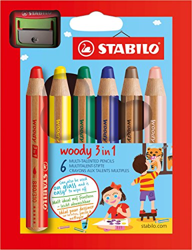 STABILO woody 3 in 1 - Buntstift, Wasserfarbe und Wachsmalkreide in einem - 6er Set - mit Spitzer